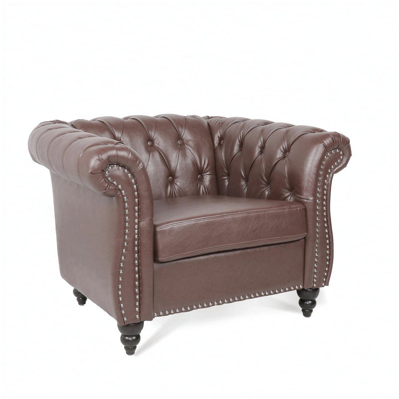 Accent Sofa Chair For Living Room, Dark Brown Faux Leather, Black