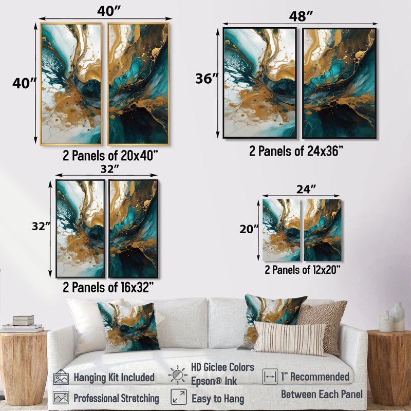 Turquoise et or sculptant l'espace - art mural moderne jaune 2 pièces, 40'' H x 40'' W, Impression encadrée flottante, Black