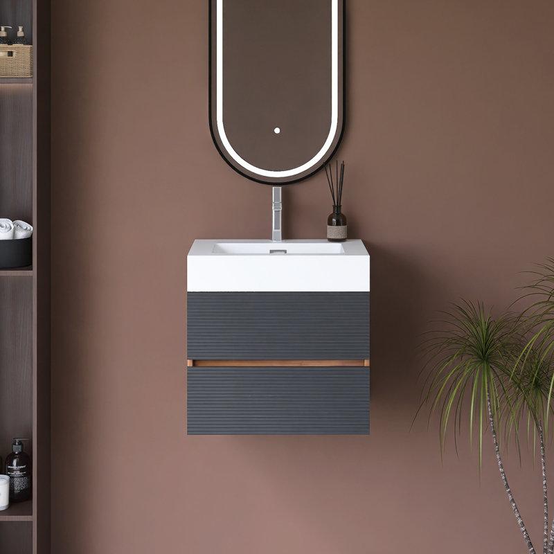 Wall-Mounted Bathroom Vanity With Integrated Solid Surface Basin, 24"