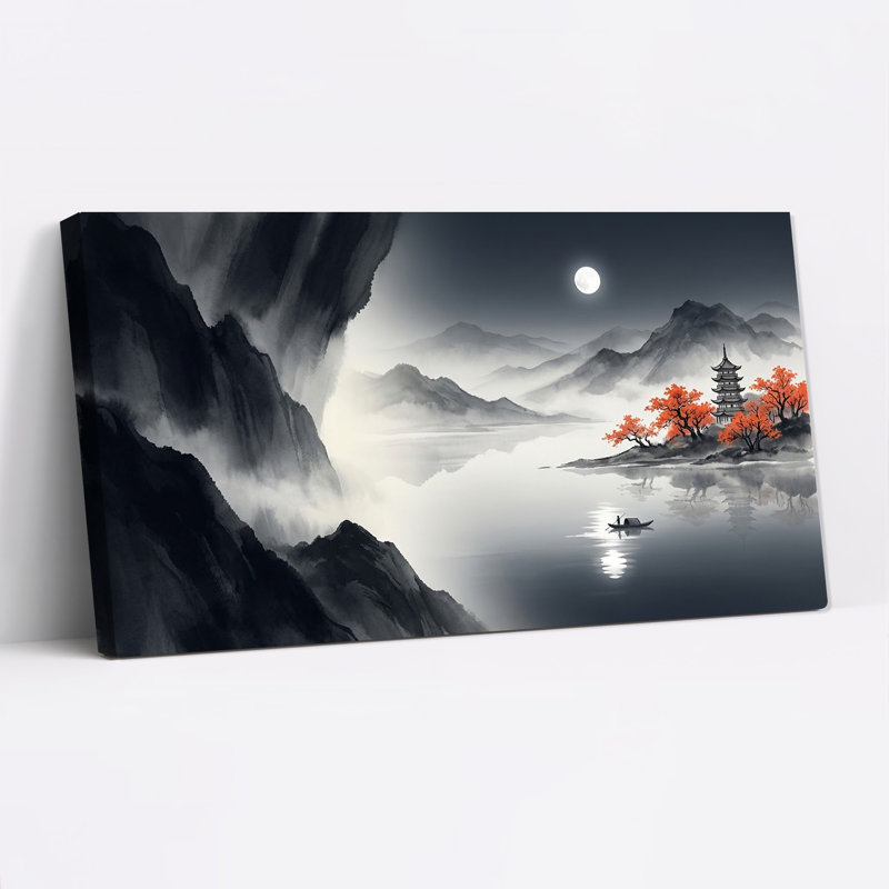 Tableau sur toile représentant un paysage de montagne à l'encre avec des arbres rouges et une pagode, L 58 po x H 28 po