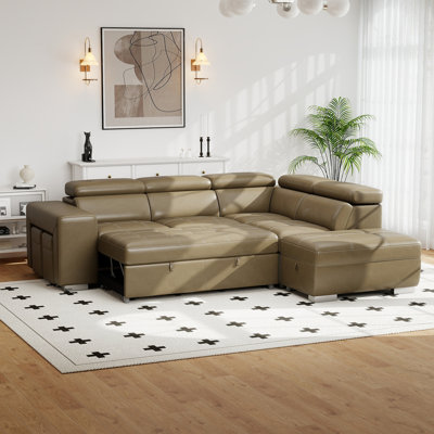 104" L Shape Sectional Sleeper Sofa 2 in 1 Convertible Sleeper Sofa With Pull Out Bed And 2 Stools