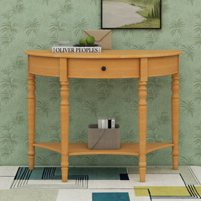 Small Curved Console Table Retro Farmhouse Wood Entry Sofa Table With Drawer & Storage Shelf