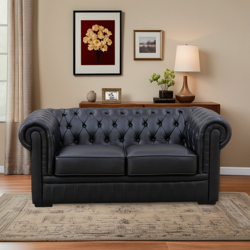 Causeuse Chesterfield 72,5 po en cuir de vache capitonné pour salon | Structure en bois massif et design européen, Noir