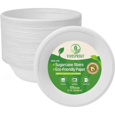 Disposable Compostable Paper Bowls 12oz [125-Pack], Heavy Duty, Eco-Friendly made with Biodegradable Bagasse, perfect for Hot Soup, Salad, Snacks (Eco-White)