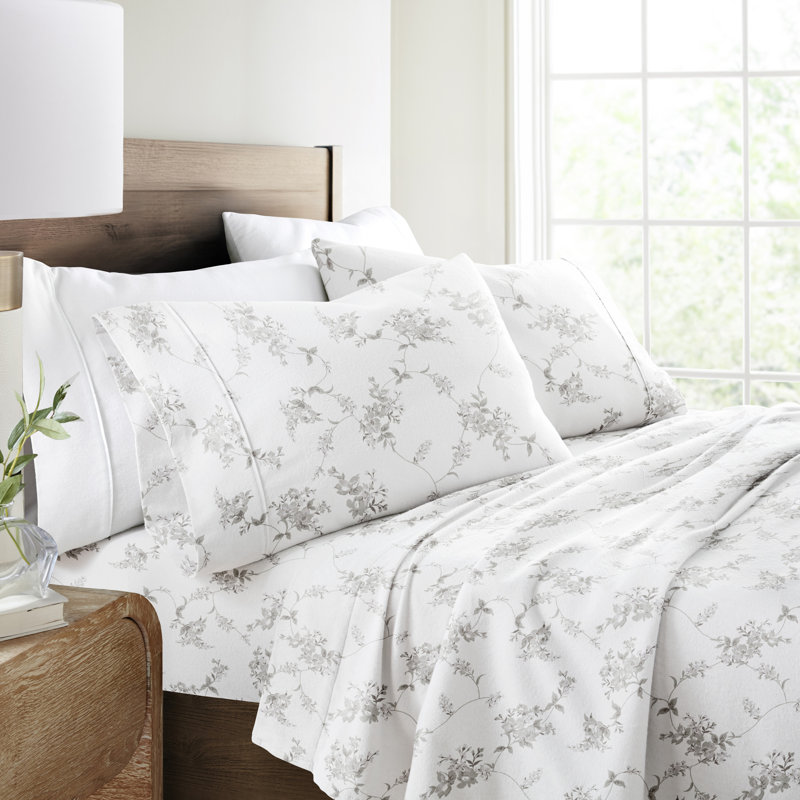 Ensemble de draps en flanelle de coton Varkala, Light Grey / Sylvan Rose, Ensemble de draps pour très grand lit