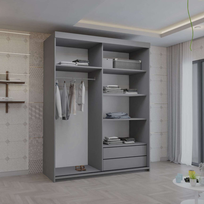 2 Door Laminate Wardrobe, Grey, 216cm H x 150cm W x 62cm D