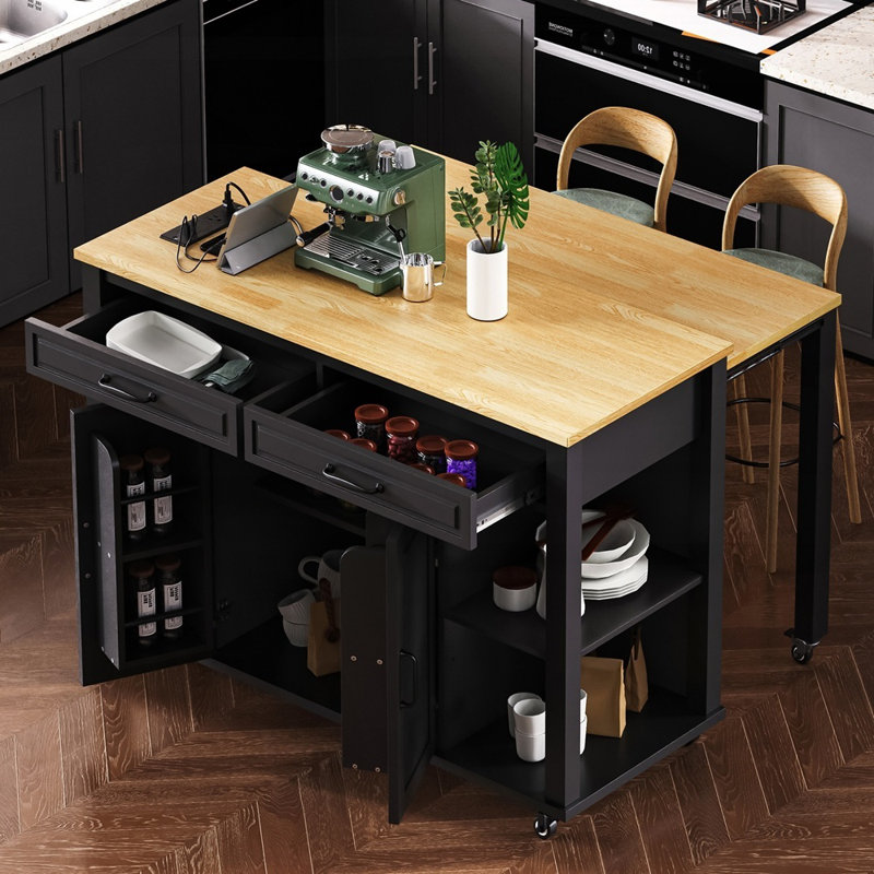 Extendable Kitchen Island with Dining Table, Rubber Wood Veneer, Storage, and Power Outlet for Modern Kitchens