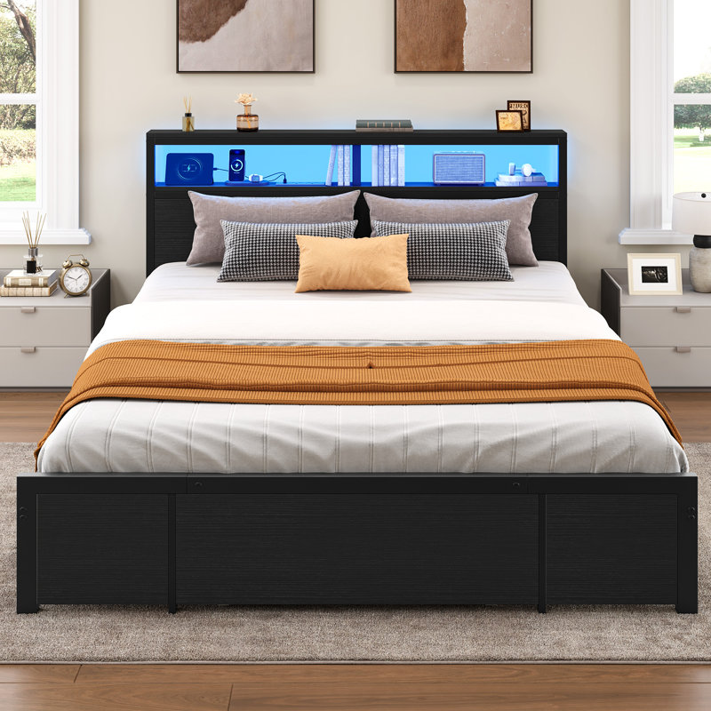 96cm Height Bed Frame with LED Headboard No Box Spring Needed, European Kingsize (160 x 200 cm), Black