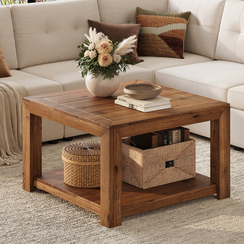 31.5" Square Solid Wood Coffee Table, Mid Century Modern Center Table with 2-Tier Storage for Living Room, Light Brown