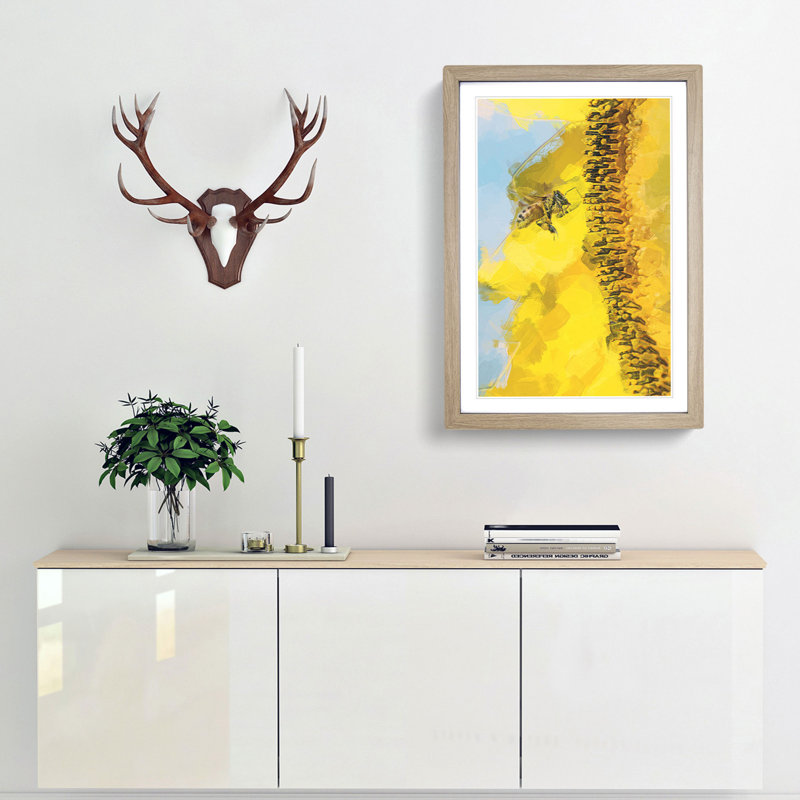 Busy Bee & Yellow Flower in Abstract - Picture Frame Painting Print, 48cm H x 36cm W x 2cm D, Oak Framed