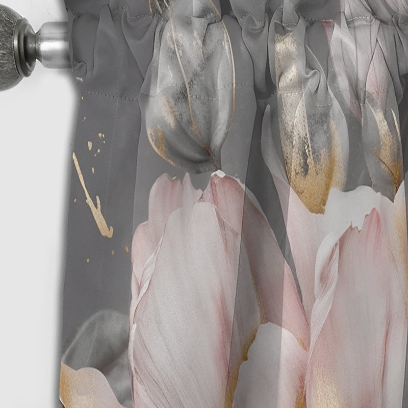 Rideau occultant en velours floral avec pivoines roses et grises III - 1 panneau, L 52 po x L 95 po