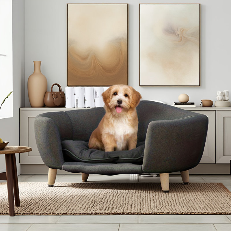 Canapé-lit rembourré pour chien en velours côtelé avec pieds en bois Jagger, Gris foncé, 14" H x 30.25" W x 21.75" D
