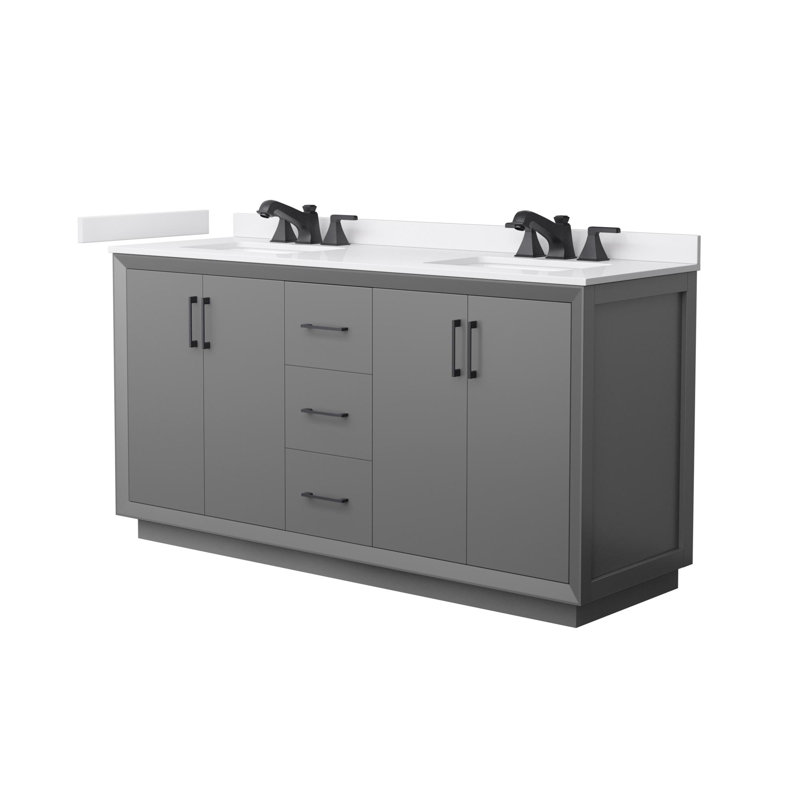Strada 66" Freestanding Double Bathroom Vanity with Cultured Marble Top, Gray, Matte Black