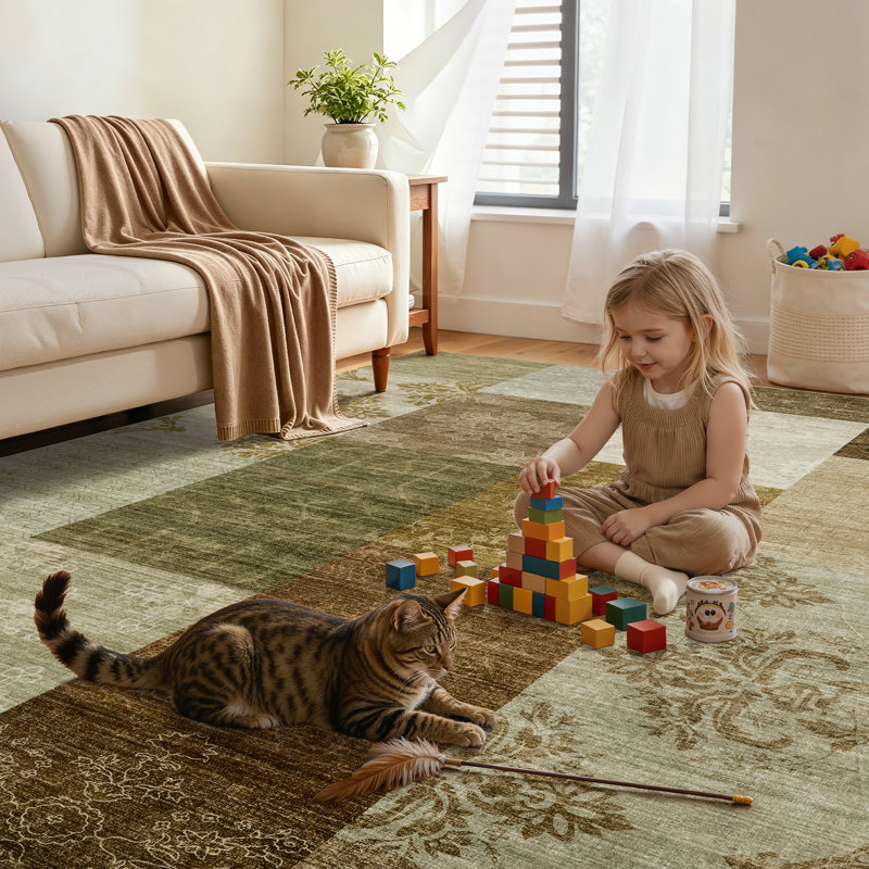 Faux Patchwork Abstract Geometric Area Rug – Washable Low-Pile Carpet for Living Room, Rectangle 8' x 10'