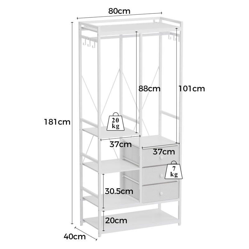 Freestanding Clothes Rail with 3 Drawers & 12 Hooks, Mobile Open Wardrobe, White Garment Rack80cm