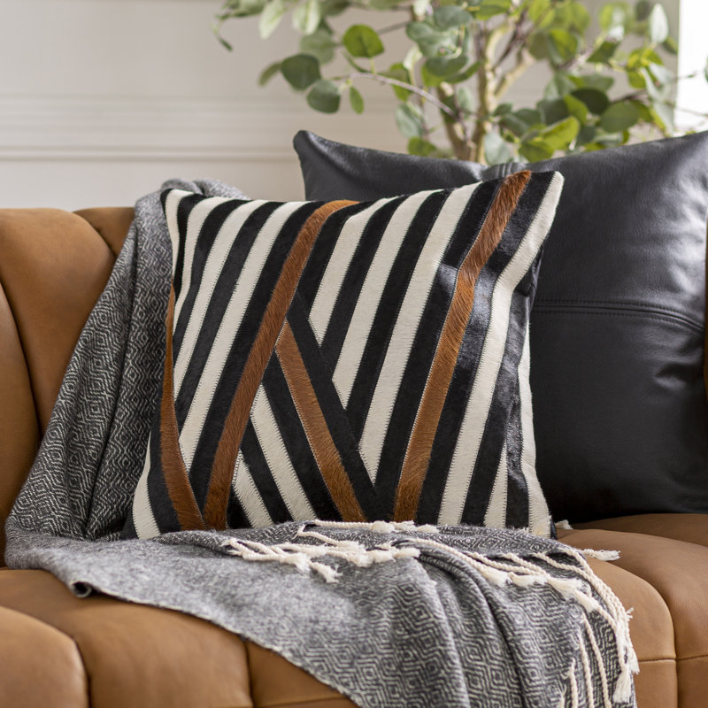 Nashville 20" Black and Brown Leather Striped Throw Pillow