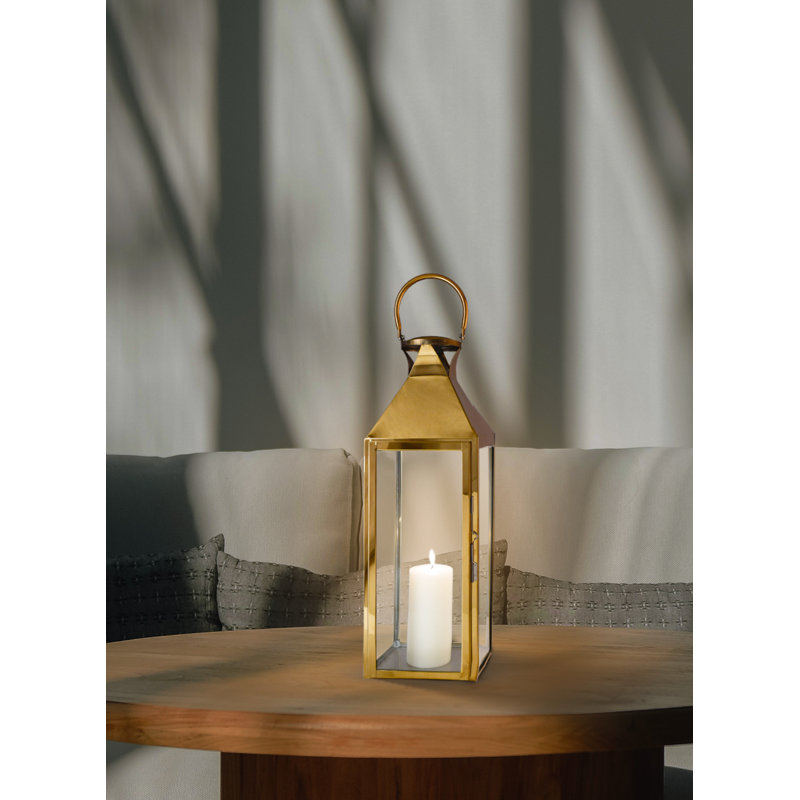 Lanterne de table en acier inoxydable, H 20,75 po x l 7,50 po x P 7,50 po, Doré