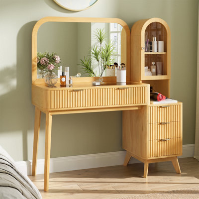 Bureau de coiffeuse en verre avec miroir et 4 tiroirs et armoire de rangement