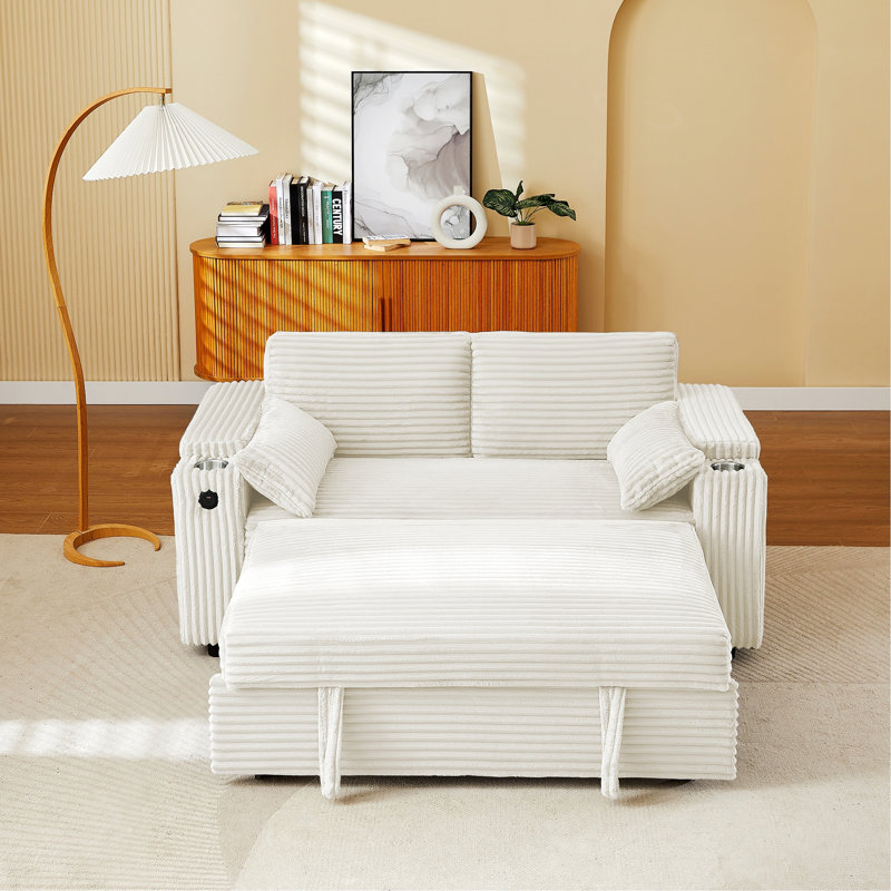 Canapé-lit convertible avec port USB et porte-gobelets, Tissu beige