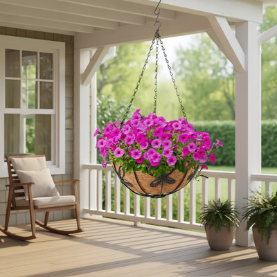 2-Pack Extra Large Round Metal Wire Hanging Plant Baskets With Coconut Fiber Liner And Chains, Ideal For Home, Garden And Balcony Decoration.