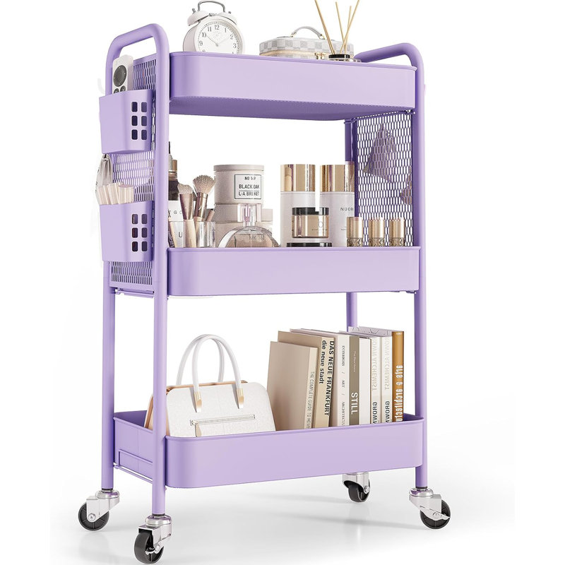 3-Tier Rolling Cart With Wheels & Storage Bins - Heavy Duty Metal Utility Cart With Pegboard, Hooks For Bathroom, Kitchen, Office, Nursery, Craft Room Organization
