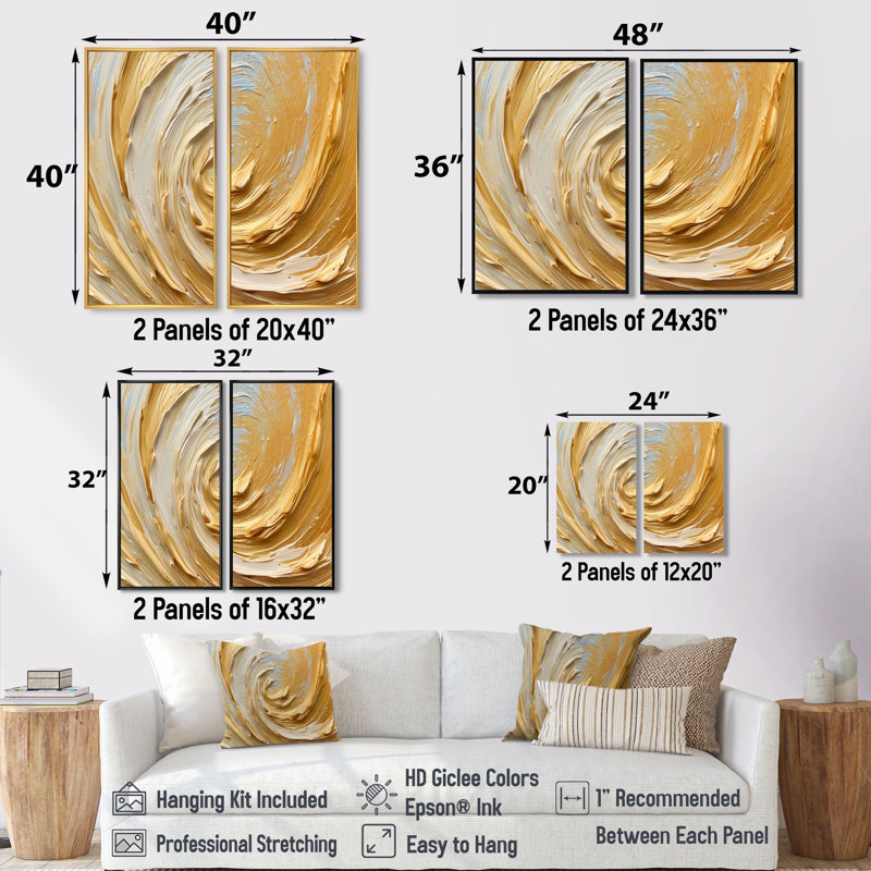 Gold Cream Infinite Swirls II - Toile moderne dorée 2 panneaux, H 20 po x l 24 po, Argent argent