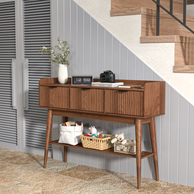 Console cannelée avec 3 tiroirs et tablette de rangement ouverte, console pour salon