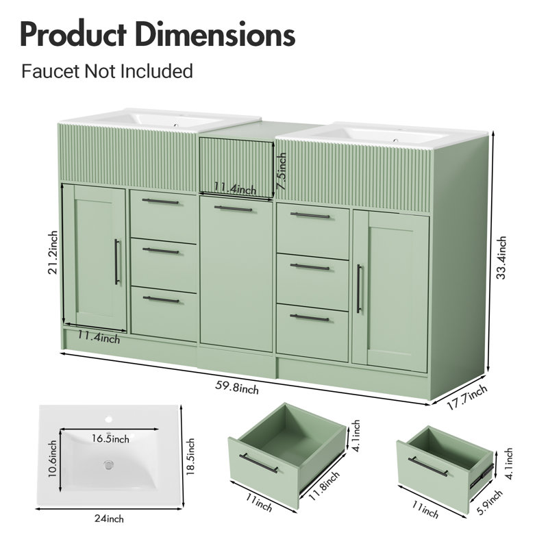 60" Modern Green Freestanding Double Sink Bathroom Vanity Set with Integrated Sinks and Storage, Green