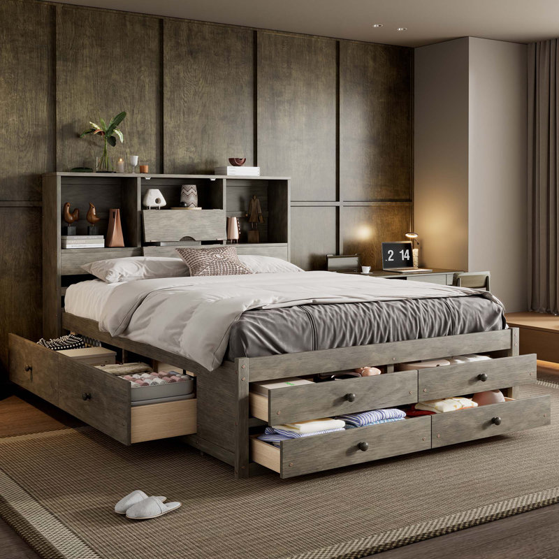 Lit plateforme avec tête de lit avec rangement et 8 tiroirs, gris, Grand
