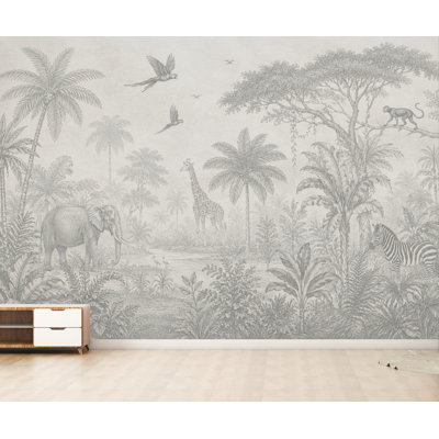 Safari Jungle Wallpaper Peel and Stick, Animal Wall Mural, Gray Tropical Nursery Mural, Monochrome Jungle Decor, Safari Kids Wallpaper 842DLU