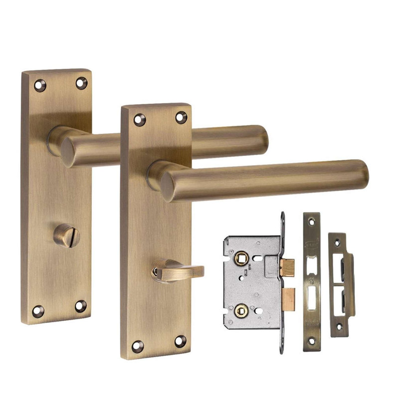 Golden Grace 1 Pair Victorian Straight T-Bar Bathroom Door Handle Antique Brass Metal Mortise Lock Set with Spindle and Fixing Screws - 150mm x 40mm