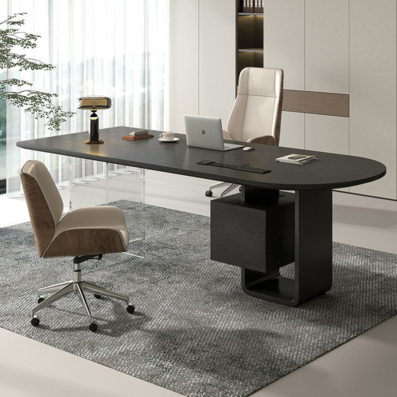 Bureau en bois massif noir + demi-cercle transparent + acier + acrylique avec 2 tiroirs, H 29,53 po x l 86,61 po x P 31,5 po