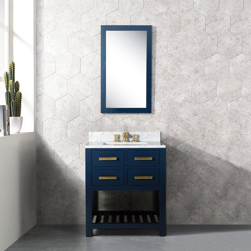 Doucette 30" Carrara White Marble Countertop Bath Vanity in Monarch Blue with Faucet and Mirror