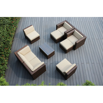 Ensemble de conversation en osier pour 6 personnes avec coussins Bannan - sans assemblage