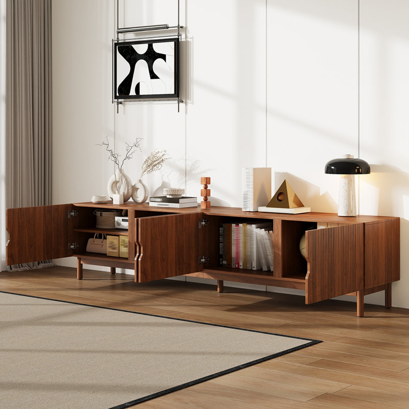 Meuble télé 87 po pour téléviseur de 90 po ou moins, console multimédia avec 4 armoires, pieds en bois massif, panneau rainuré vertical pour le salon, centre de divertissement moderne