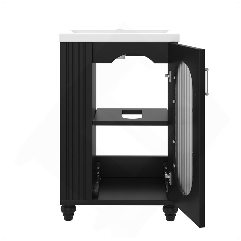 Meuble-lavabo de 20 po avec lavabo, meuble-lavabo avec tablette à deux niveaux, tablette réglable, bois massif et panneau de fibres à densité moyenne, noir