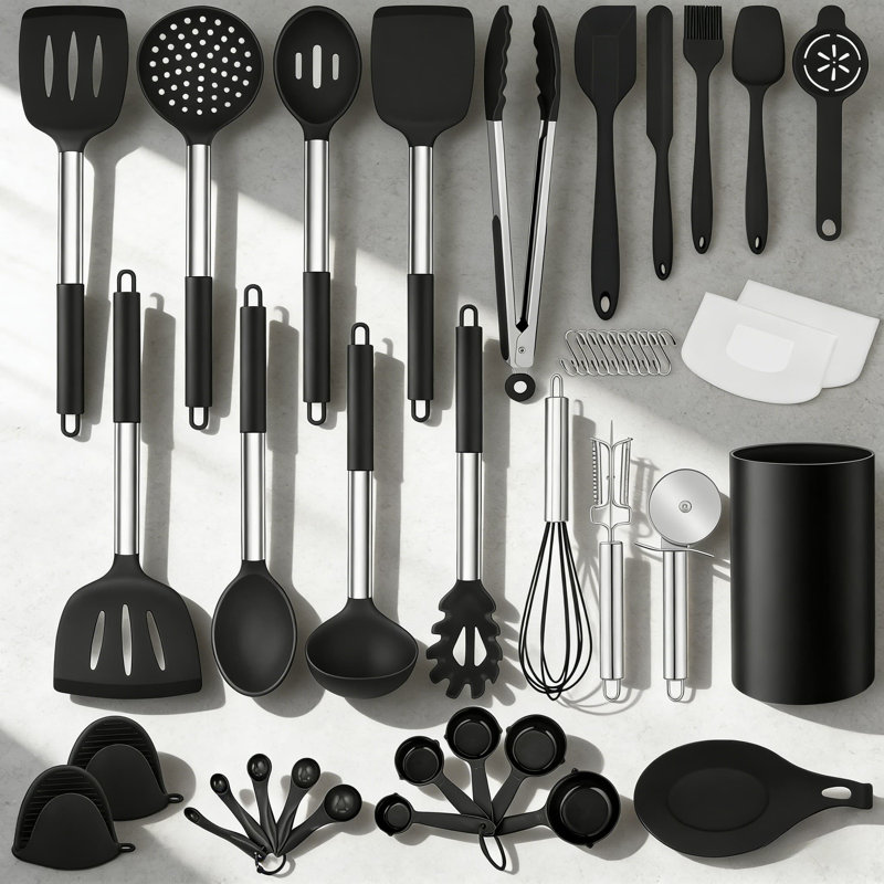 Ensemble d'ustensiles de cuisine 43 pièces en silicone avec poignées et support en acier inoxydable, outils de cuisson résistants à la chaleur pour batterie de cuisine antiadhésive