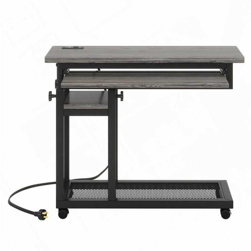 Bureau portatif réglable de 28 à 39,3 po de hauteur avec prise de courant et ports USB, table d'appoint roulante en forme de C