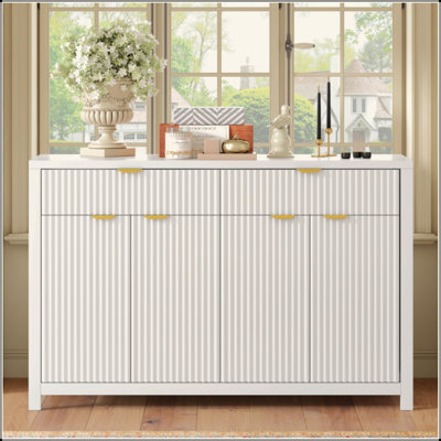 Modern Wave-Pattern Sideboard Cabinet With 2 Drawers And 4 Doors, 3-Level Adjustable Shelves, Aluminum Arc Handles, Scandinavian Style, 3 Colors, Suitable For Entryway, Living Room, Foyer