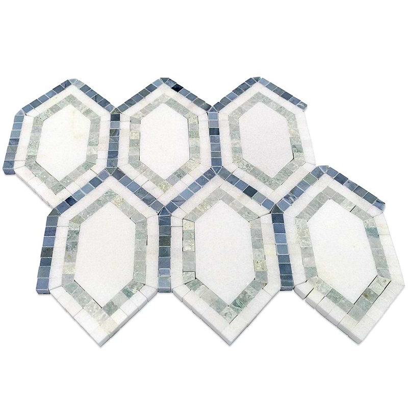 Infinity 10x12 Micro Hexagon Polished Marble Mosaic Tile, Ming Green Thassos/Linblue