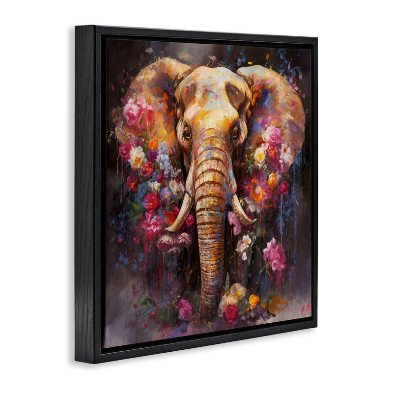 «Flower Swathed Elephant» par Marta Wiley, H 25 po x l 25 po, Cadre flottant noir de jais