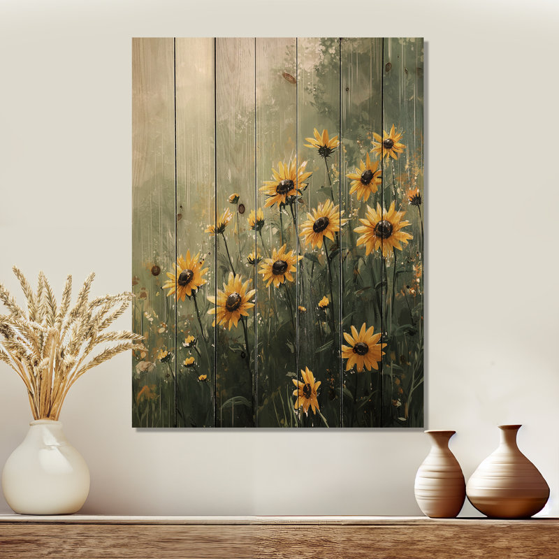 Vintage Rainy Day Sunflowers II - Sunflowers Wood Wall Decor - On Natural Pine Wood, 40" H x 30" W x 0.78" D