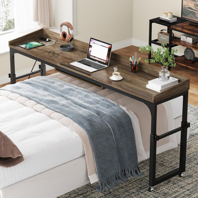 Height Adjustable Overbed Table with Wheels, Mobile Laptop Desk, Rolling Computer Cart with Tiltable Stand, Built-in Outlets & USB Ports for Bed/Sofa