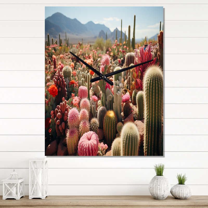 Horloge murale moderne avec cactus vert et rose II, Très grand