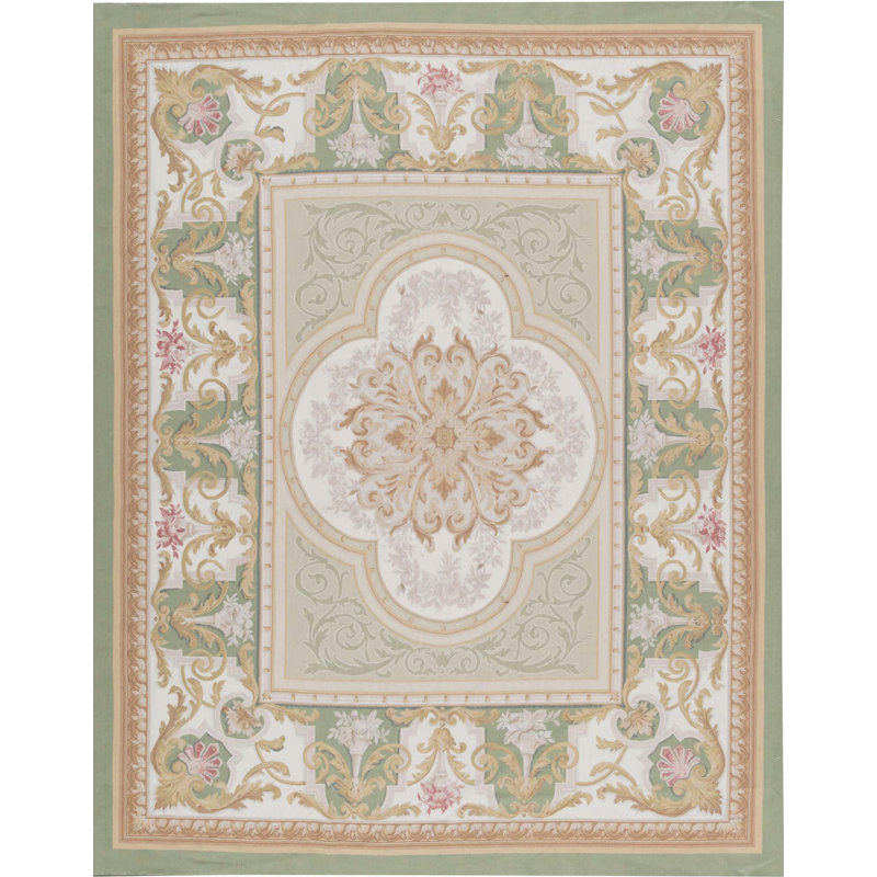 Tapis vert et ivoire noué à la main de haute qualité