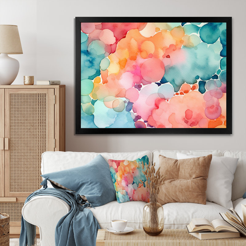 Impression sur toile abstraite rose et bleu sarcelle, Cadre simple noir, H 30 po x l 40 po x P 1,5 po