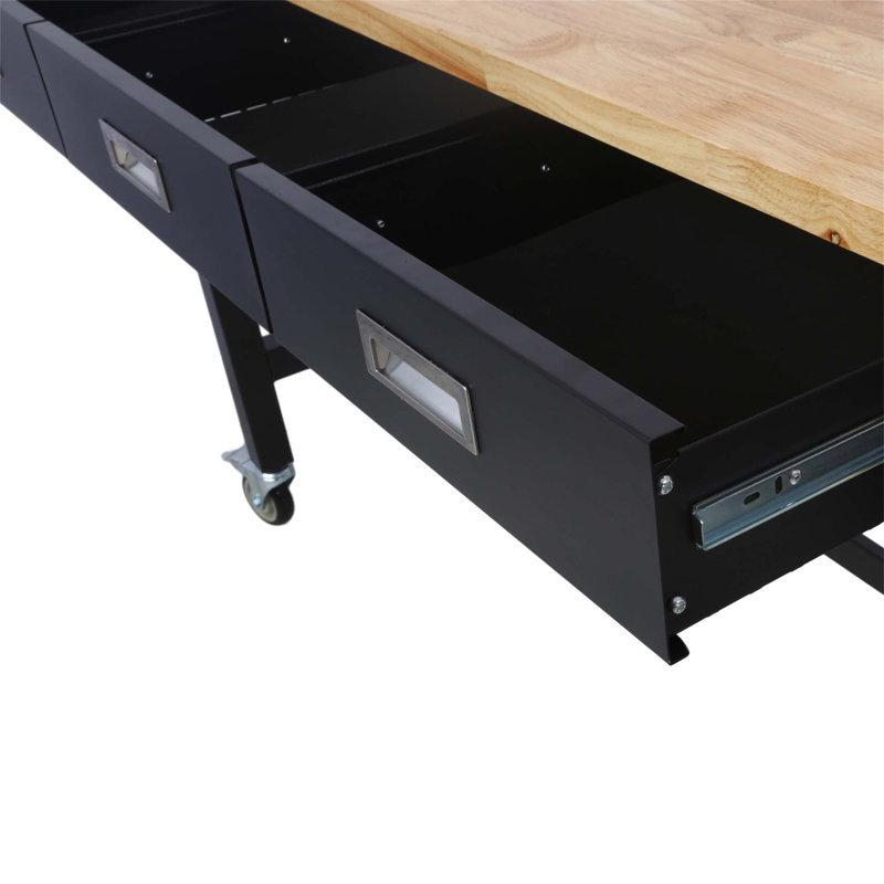 60In Heavy Duty Bamboo Wood Work Bench With Drawer Storage And Wheels For Garage Home Office