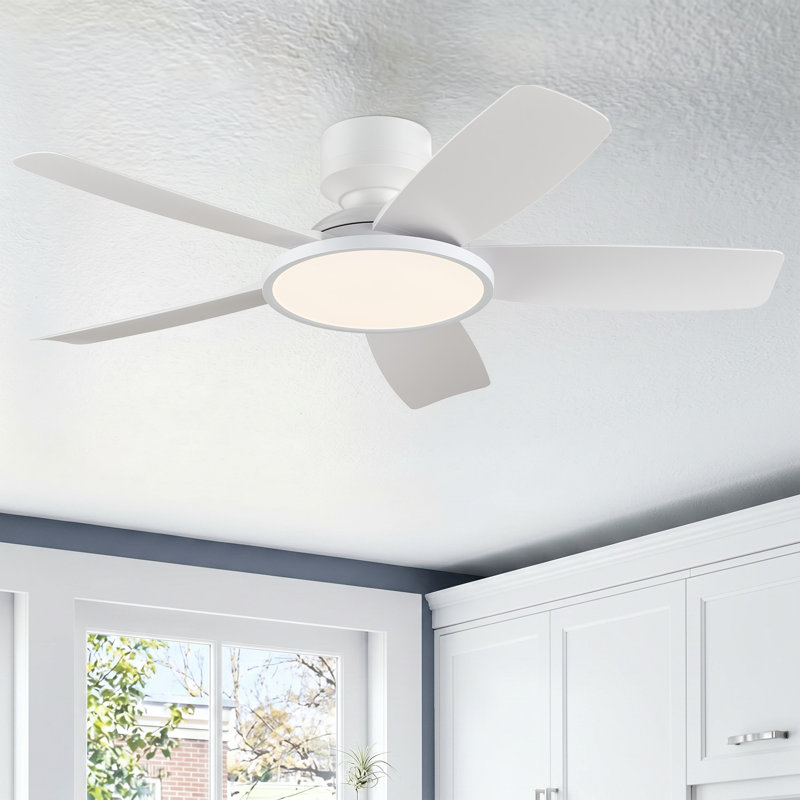 42" Easy-to-Install Modern Flush Mount Low Profile Small Room Ceiling Fan with LED Light and Remote, White