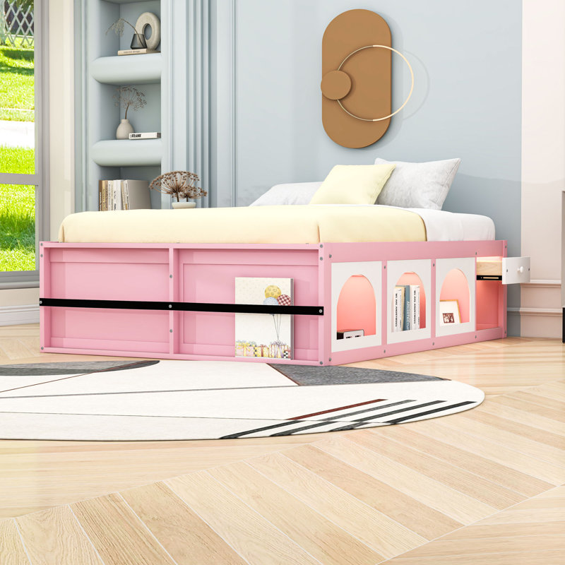 Lit plateforme en bois avec vitrine, tiroir et lumière DEL, Grand lit, Rose/Blanc