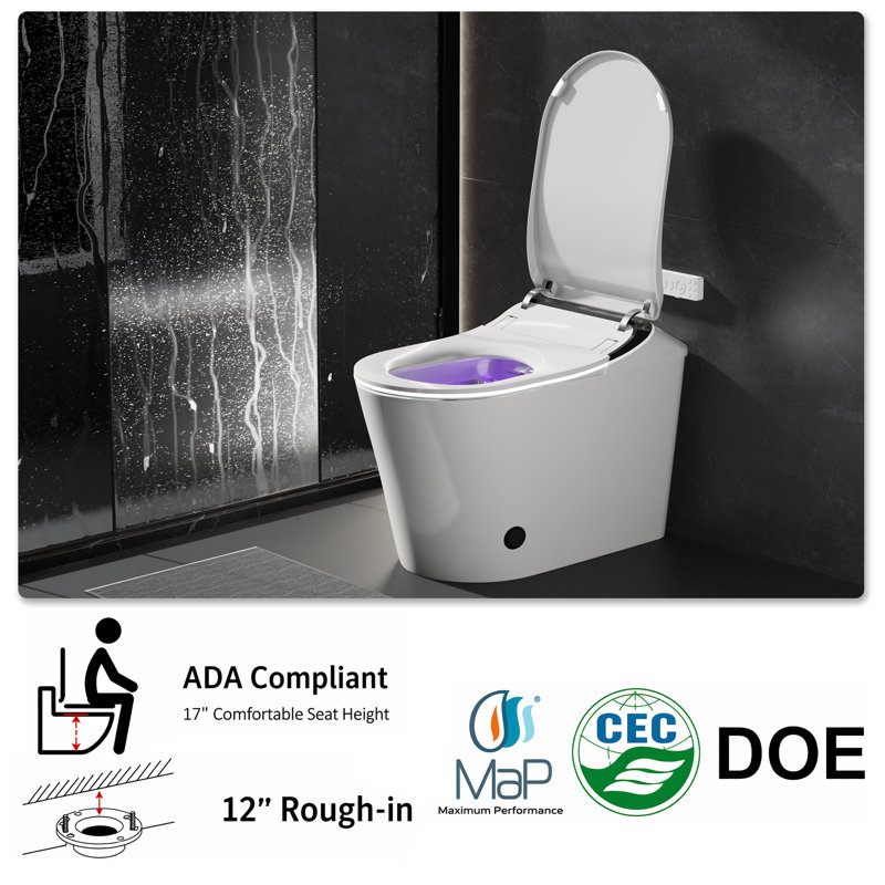 Toilette Smart Bidet avec couvercle à ouverture automatique, pare-bulles, prélavage, siège antibactérien chauffant, eau chaude instantanée, séchoir à air chaud, chasse automatique, lumière ambiante à DEL et télécommande